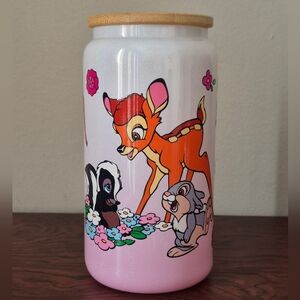 Bambi Friends pink white glitter glass tumbler, wooden lid, straw 16oz